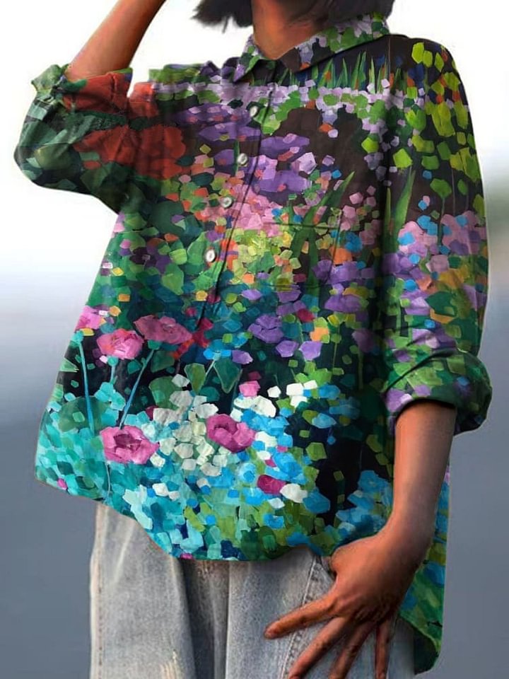 Oil Painting Garden Decorative Pattern Casual Cotton And Linen Shirt RB030