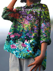 Oil Painting Garden Decorative Pattern Casual Cotton And Linen Shirt RB030