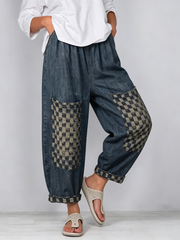 Casual Retro Plaid-paneled Cropped Denim Jeans