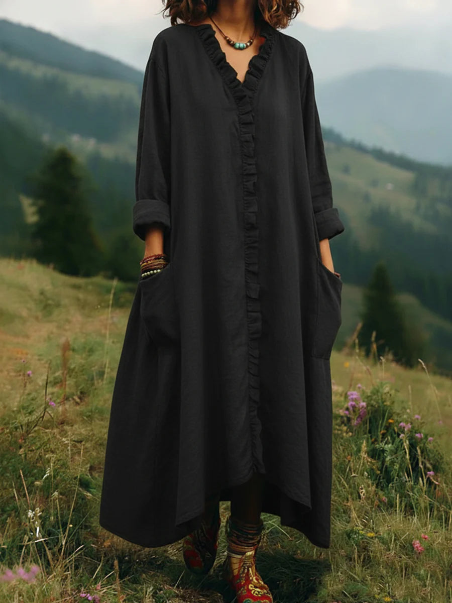 Relaxed V-Neck Ruffle-Trim Midi/Maxi Pocket Dress