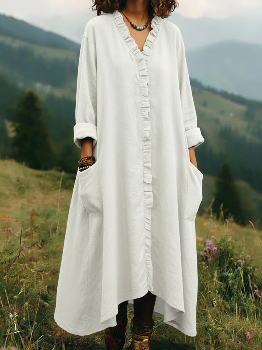 Linen-Feel Ruffle-Trim V-Neck Pocket Maxi Dress
