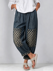 Casual Retro Plaid-paneled Cropped Denim Jeans