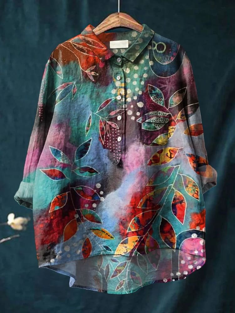 Abstrct leaves Art Print Casual Cotton And Linen Shirt
