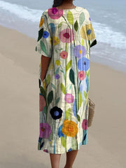 Oil Painting Spring Field Art Printed Women's Flowy Dress RD001