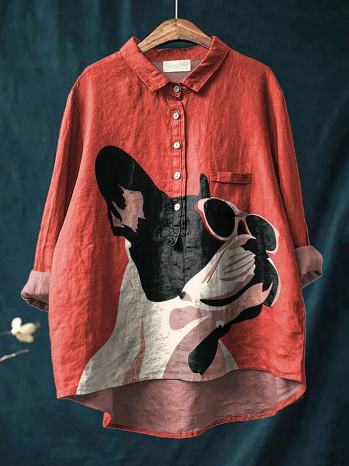 Decorative Pattern of French Bulldog Wearing Sunglasses On Red Background Casual Cotton RB009 Linen Shirt