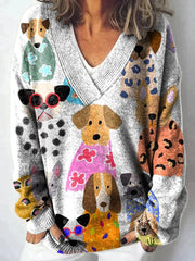 Multi-colored Cartoon Dog Print Knit V-neck Pullover Sweater RM003