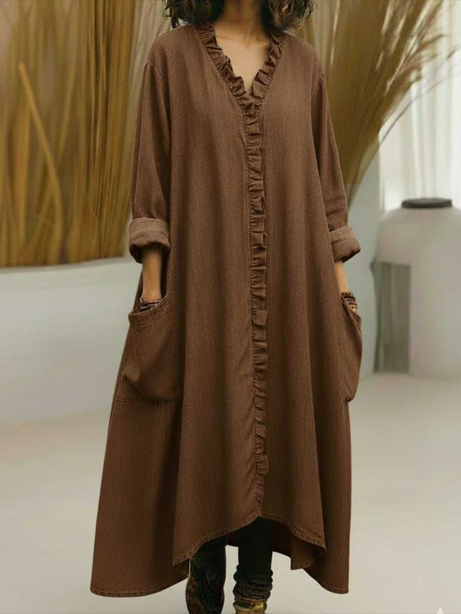Loose Fit V-Neck Ruffle Placket Maxi Dress