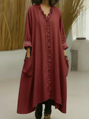 Loose Fit V-Neck Ruffle Placket Maxi Dress