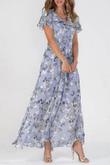 Chiffon Floral Ruffle V-neck Casual Maxi Dress