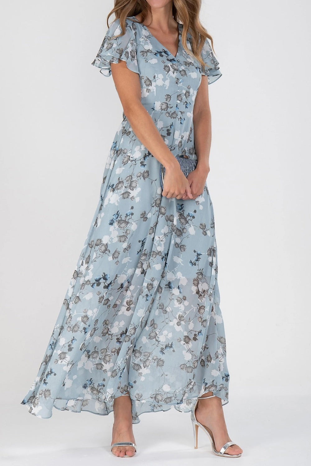 Chiffon Floral Ruffle V-neck Casual Maxi Dress