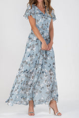Chiffon Floral Ruffle V-neck Casual Maxi Dress
