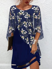 Floral 3/4 Sleevess Crew Neck Casual Mini Dress