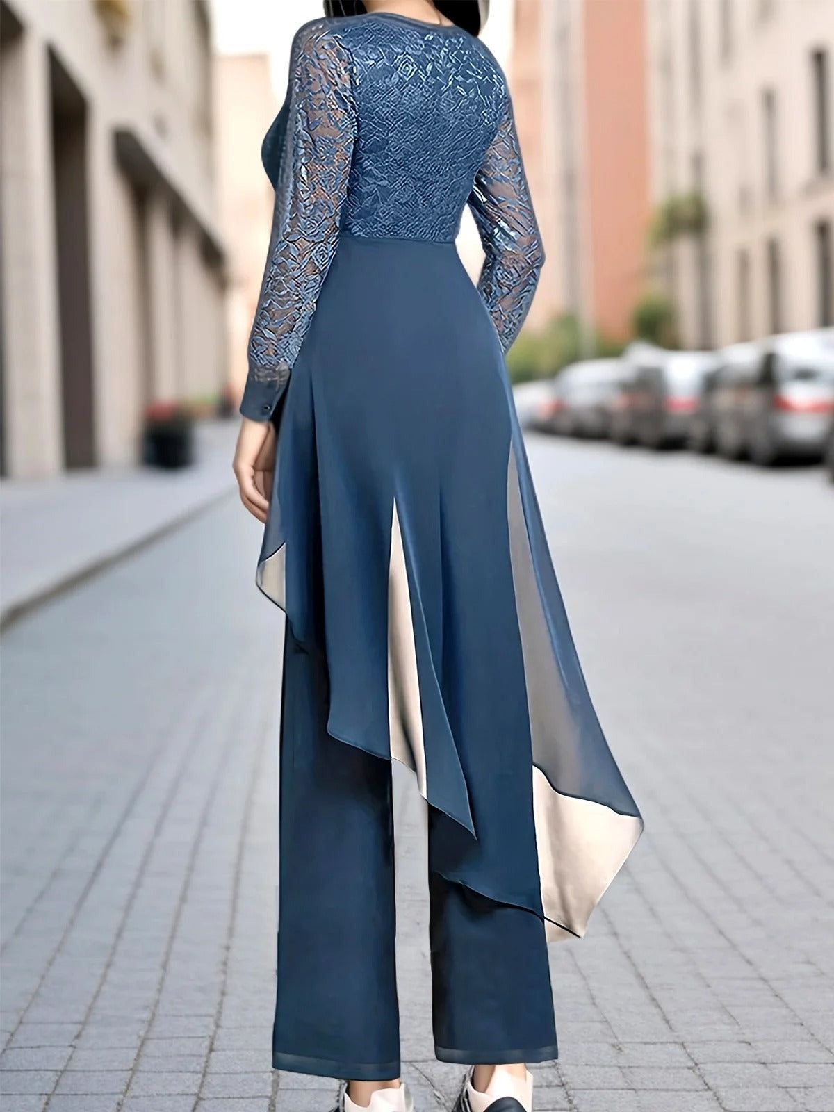 Lace Chiffon Plain Party Going Out Two Piece Set Half Sleeve Elegant Summer Top Pants Matching Set