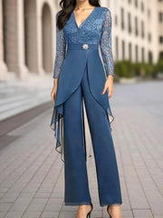 Lace Chiffon Plain Party Going Out Two Piece Set Half Sleeve Elegant Summer Top Pants Matching Set