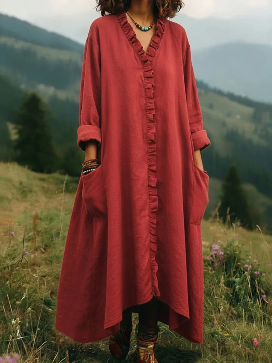 Boho Ruffle-Trim V-Neck High-Low Maxi Dress
