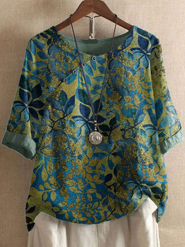 Leaf Print Round Neck Half Sleeves Blouse
