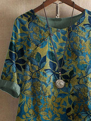 Leaf Print Round Neck Half Sleeves Blouse