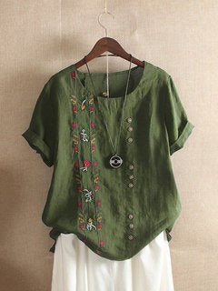 Floral Embroidery Round Neck Short Sleeves T-shirt