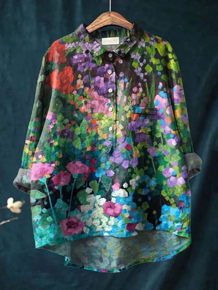 Oil Painting Garden Decorative Pattern Casual Cotton And Linen Shirt RB030