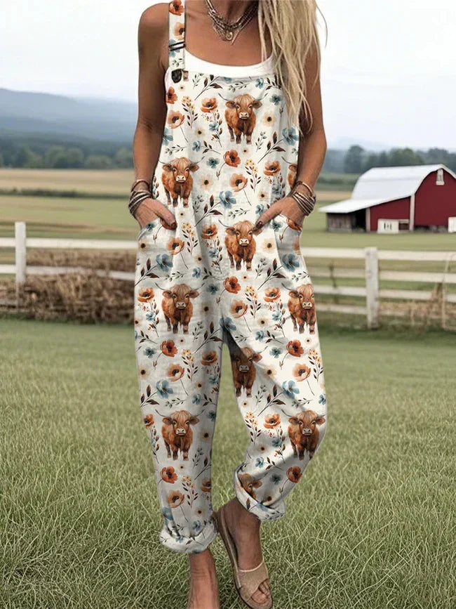 Sale Women's Highland Cow Print Casual Cotton Linen Wide Leg Jumpsuit RJ014