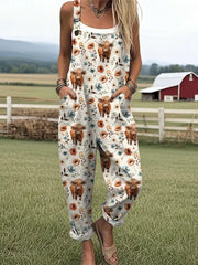Sale Women's Highland Cow Print Casual Cotton Linen Wide Leg Jumpsuit RJ014