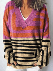 Color-blocked Abstract Graphics Print Knit V-neck Pullover Sweater