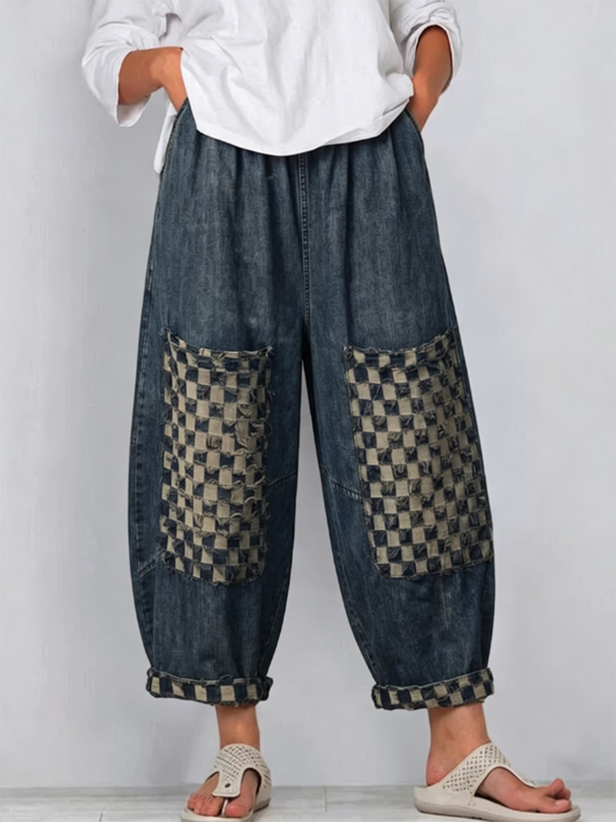 Casual Retro Plaid-paneled Cropped Denim Jeans
