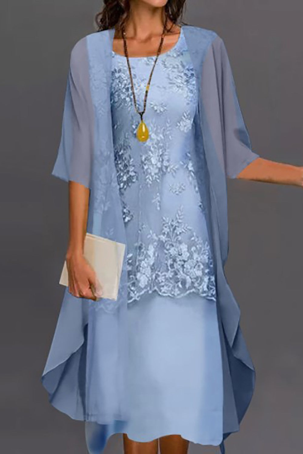 Casual Lace Two-Piece Jacket Midi Dress Set