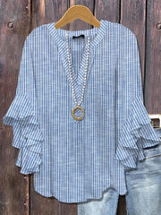 Blue Striped  V-neck 3/4 Sleeve Blouse