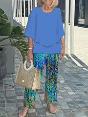 Casual Crew Neck 3/4 Sleeve Layered Hem Tops And Multicolor Loose Pants Two Piece Set