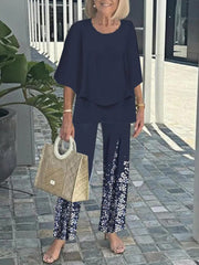Navy 3/4 Sleeve Round Neck Two Piece Set