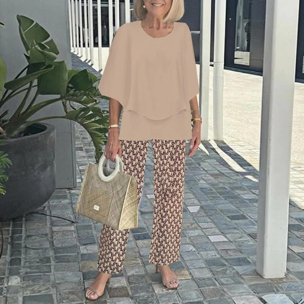 Khaki Crew Neck Flowers 3/4 Sleeve Layered Hem Blouse and Geometric Print Pants Two Piece Set