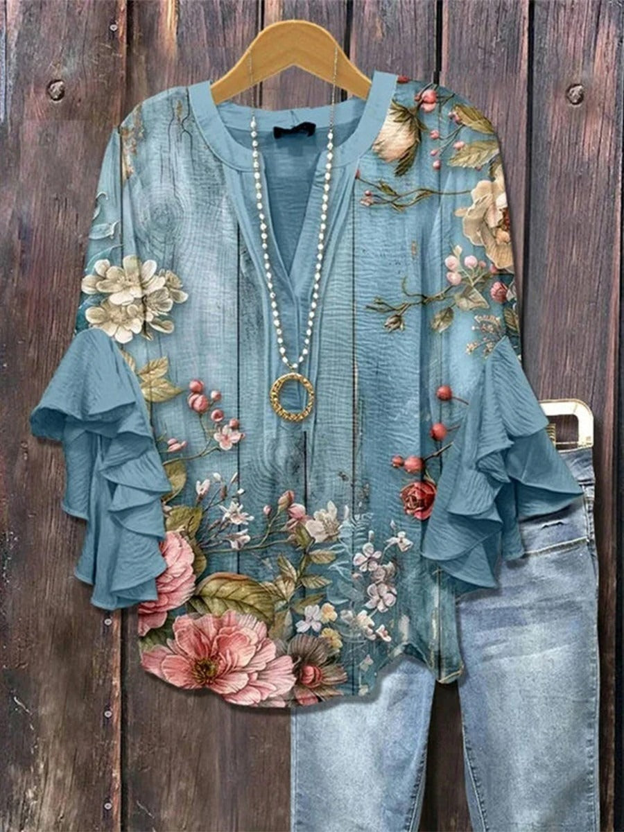 Floral Print V-neck Half Sleeve Blouse
