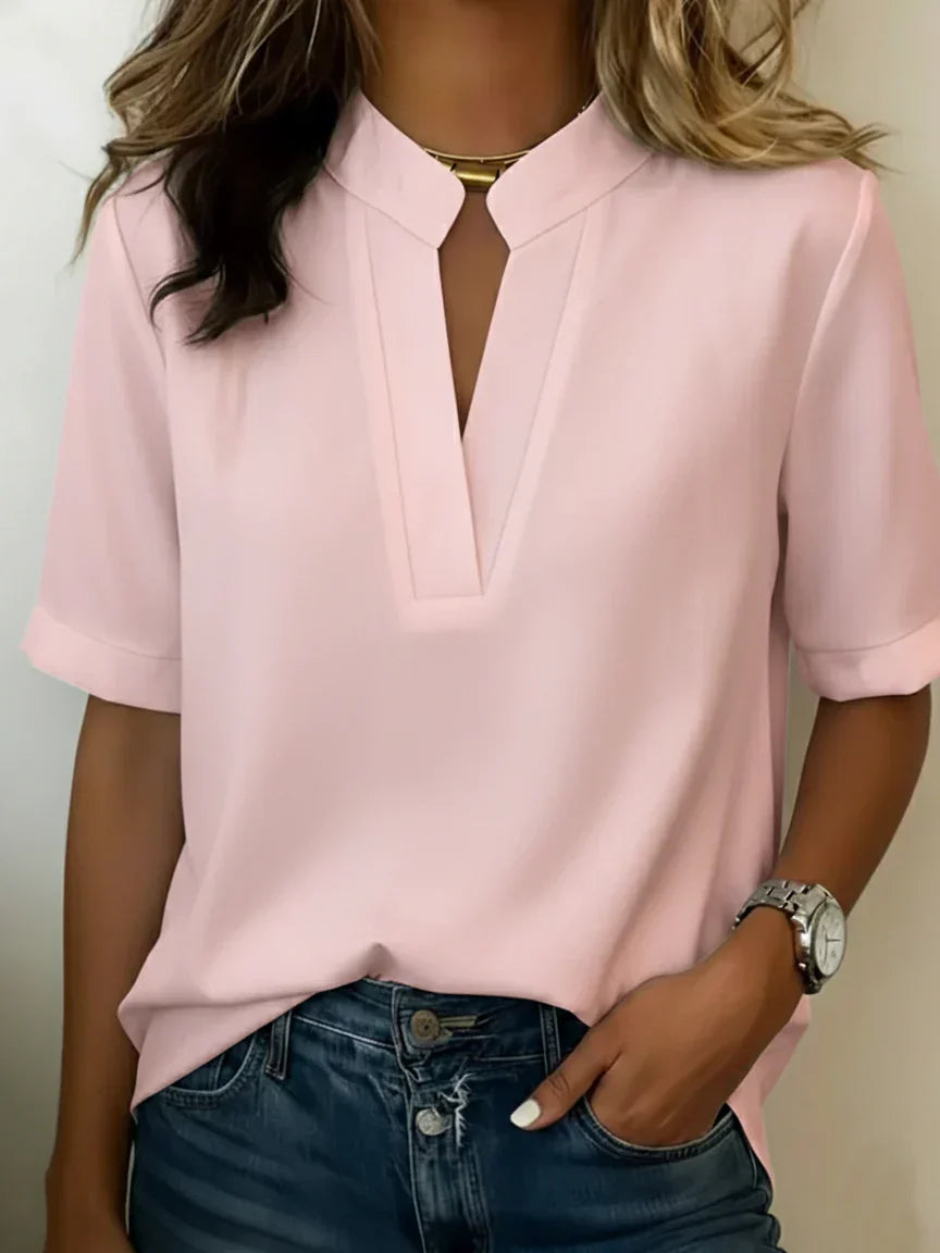 Half Sleeve Stand Collar Cotton And Linen Shirt
