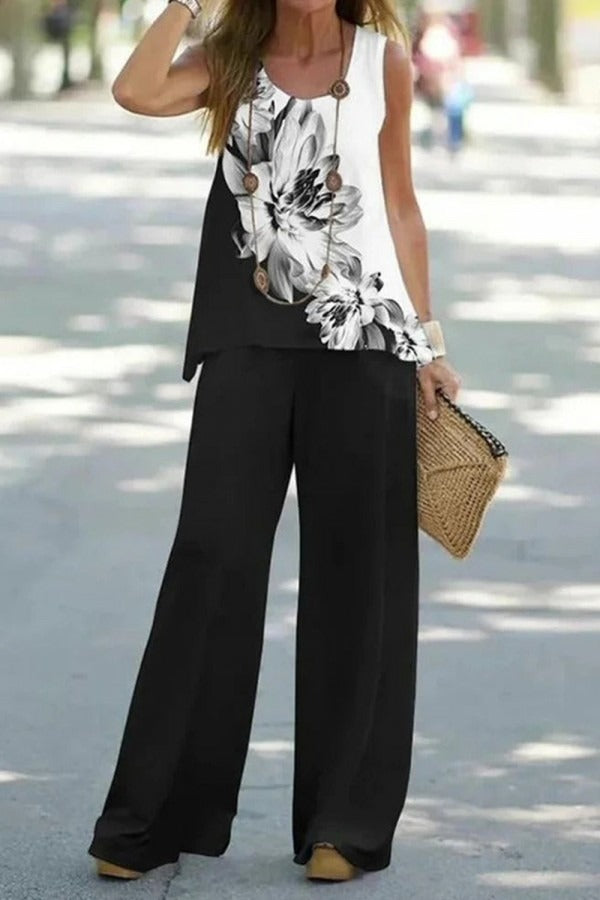 Elegant Color Contrast Round Neck Floral Print Sleeveless Top Two Piece Sets