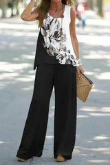 Elegant Color Contrast Round Neck Floral Print Sleeveless Top Two Piece Sets