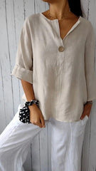 Solid Buttoned V-Neck Short Sleeve Blouse