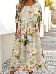 Khaki Round Neck Short Sleeve Comfy Midi Dress