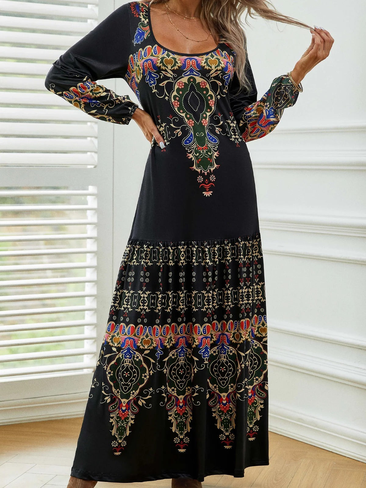 Ethnic Vintage Casual Crew Neck Long Sleeve Lightweight H-line Daily Maxi Dress