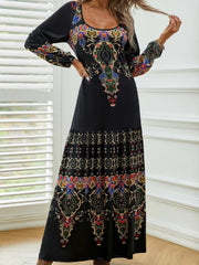 Ethnic Vintage Casual Crew Neck Long Sleeve Lightweight H-line Daily Maxi Dress