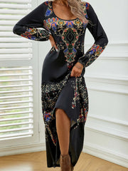Ethnic Vintage Casual Crew Neck Long Sleeve Lightweight H-line Daily Maxi Dress