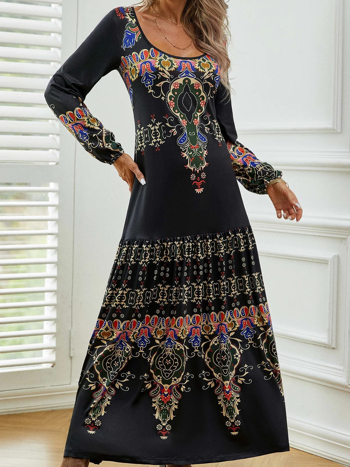 Ethnic Vintage Casual Crew Neck Long Sleeve Lightweight H-line Daily Maxi Dress