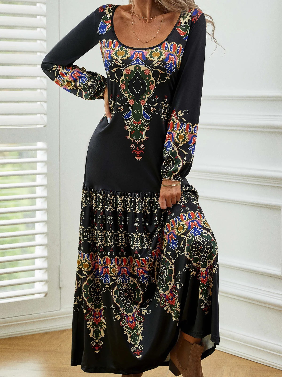 Ethnic Vintage Casual Crew Neck Long Sleeve Lightweight H-line Daily Maxi Dress