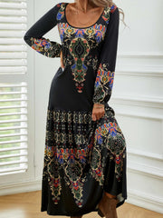 Ethnic Vintage Casual Crew Neck Long Sleeve Lightweight H-line Daily Maxi Dress