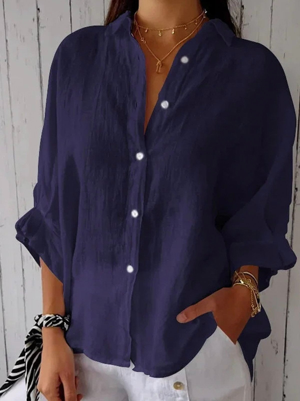Cotton Plain Buckle Shirt Collar Half Sleeve White Shirt