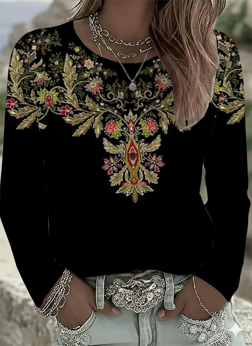 Ethnic Floral Crew Neck Long Sleeve Loose Casual Sweatshirt
