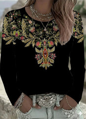 Ethnic Floral Crew Neck Long Sleeve Loose Casual Sweatshirt