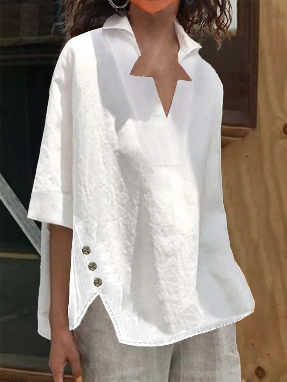 Cotton & Linen casual Buckle Loose Blouse