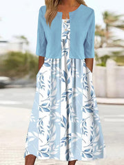 Half Sleeve Floral Elegant Two-Piece Midi Dress