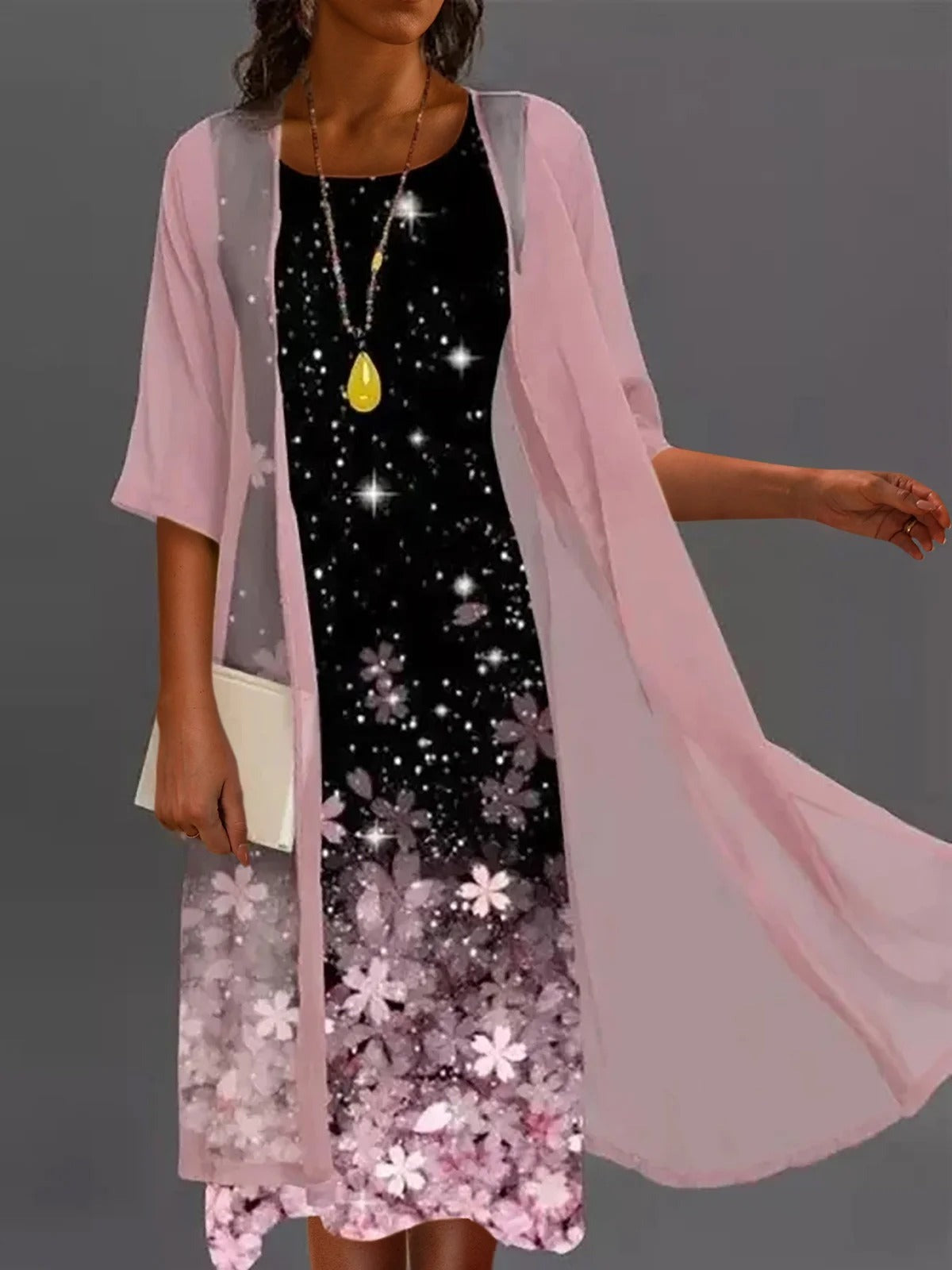 Floral Printed Three Quarter Sleeve Round Neck Two Piece Midi Dress